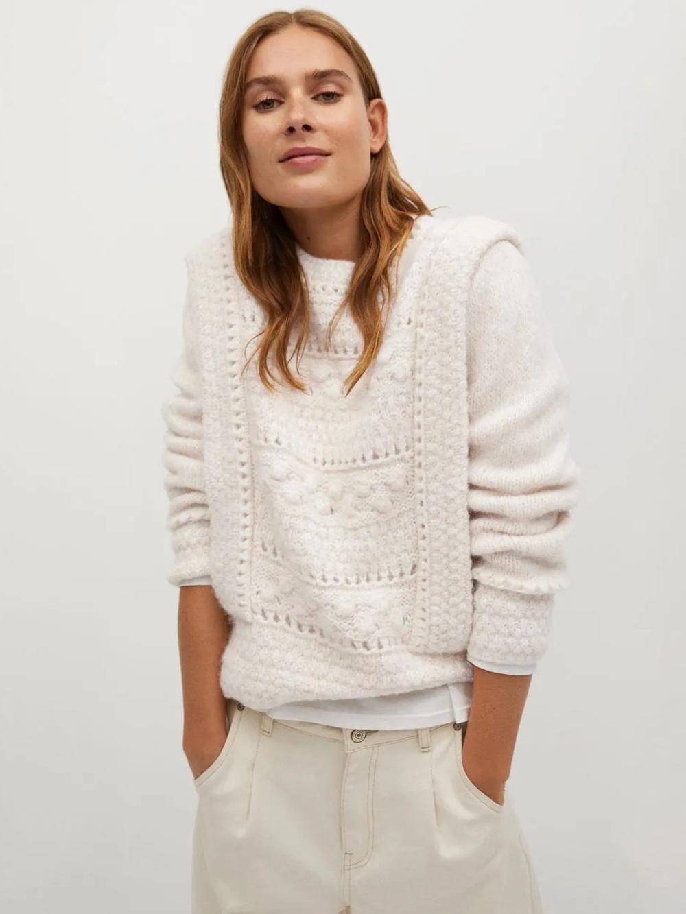 NWT Mango Ecru Alpaca Wool Openwork Bobble Knit Structured Shoulder Sweater S